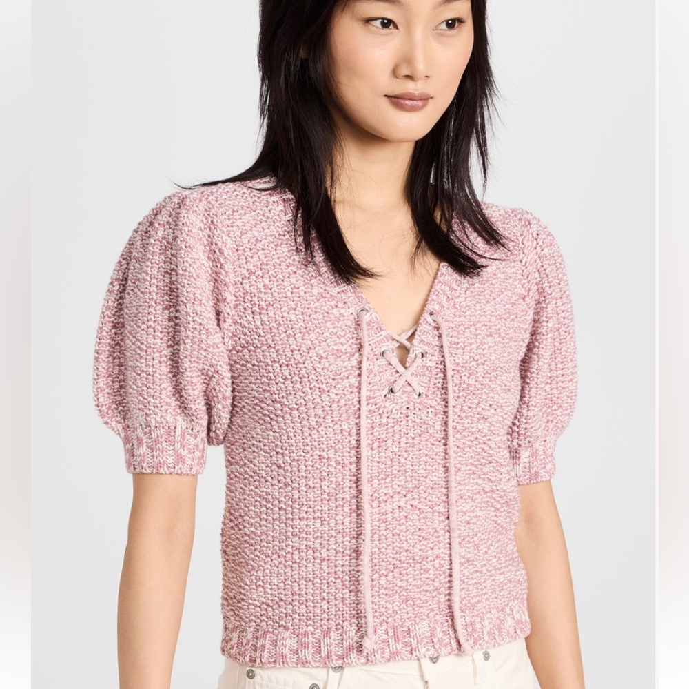 AMO Aviva Short Sleeve Sweater — Pink/Natural Marled XS 100% Cotton Fall Fashion